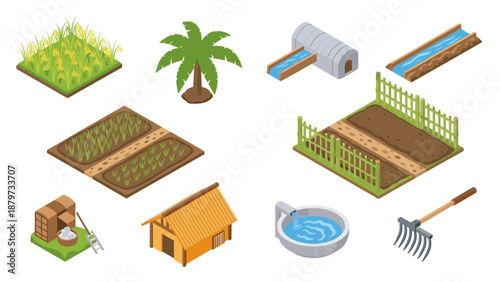 Isometric farming elements set featuring crops, irrigation, and tools