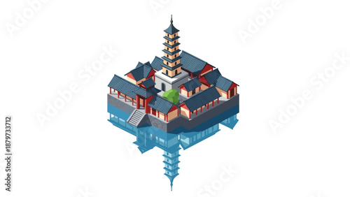 Isometric asian temple with reflection on water