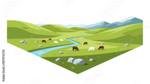 Scenic pasture with cows and stream in geometric landscape design