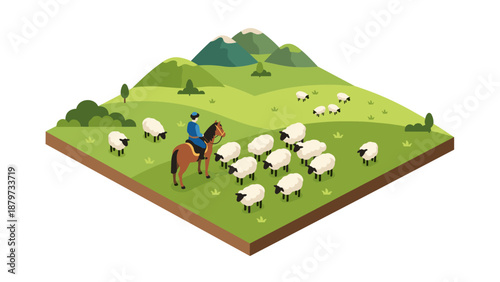 Isometric farm landscape with shepherd and sheep in a green pasture