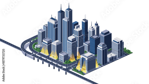 Futuristic isometric urban skyline with tall buildings and roads