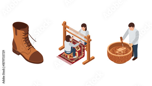 Traditional crafts: bootmaking, carpet weaving, and wood carving in isometric style