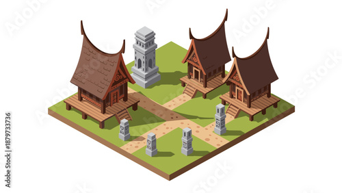 Traditional southeast asian village in isometric design with wooden houses and stone structures
