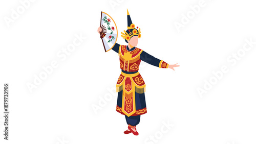Traditional balinese dancer in colorful costume holding a fan