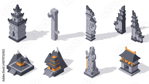 Isometric asian architecture elements: pagoda, temples, statues, and gates in detailed 3d design