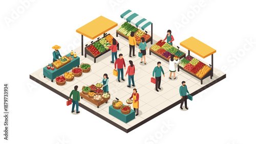 Isometric fresh food market with shoppers and colorful stalls
