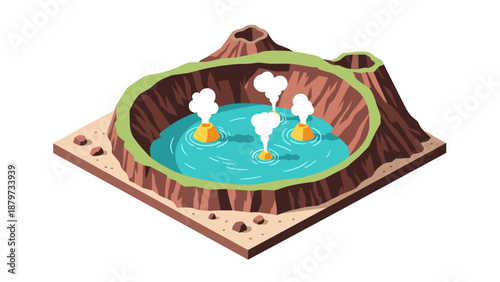 Isometric geothermal hot springs in a volcanic crater landscape