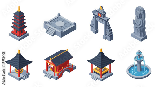 Isometric asian architectural icons featuring temples, pagoda, and traditional structures