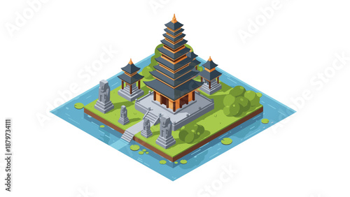 Isometric asian temple with water surrounding and lush greenery