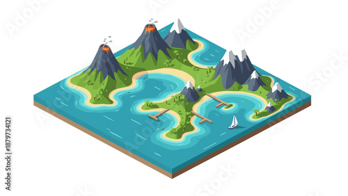 Isometric island landscape with volcanic mountains and serene waters
