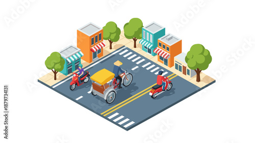 Isometric urban scene with cyclo and motorbikes in a vibrant neighborhood
