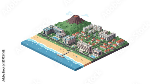 Isometric tropical resort landscape with volcano and beachfront town