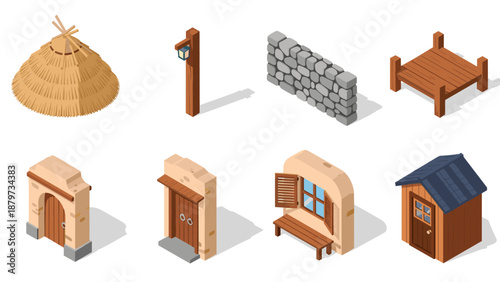 Isometric village elements: rustic hut, stone wall, wooden structures with detailed architecture