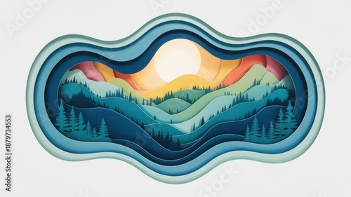 Layers of vibrant paper create a whimsical mountain landscape at sunset with rolling hills and pine trees.