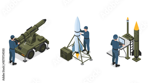 Military isometric: missile launch preparation scene with soldiers and equipment
