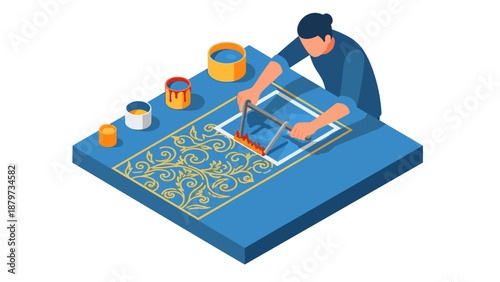 Isometric screen printing artist creating intricate decorative patterns