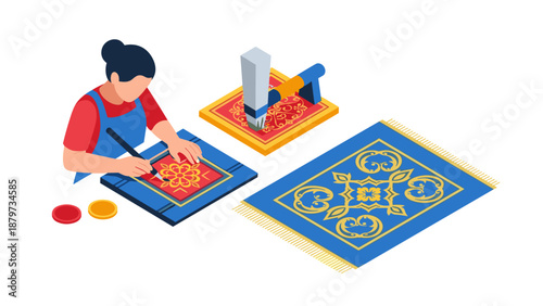 Isometric artisanal rug weaving with intricate patterns and traditional craftsmanship