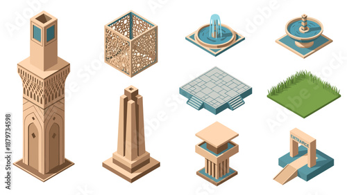 Isometric middle eastern architecture elements with decorative patterns and structures