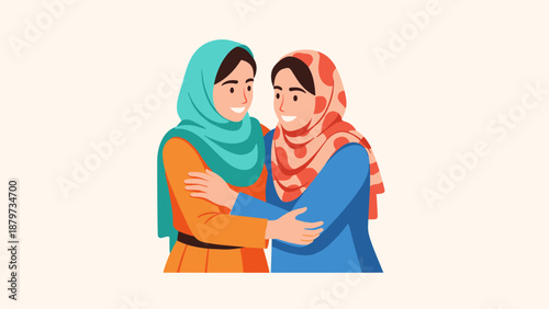 Two women embracing in colorful hijabs with smiles