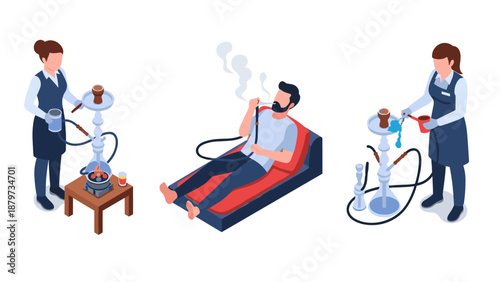 Isometric hookah lounge scene with people relaxing and attendants