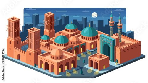 Isometric night cityscape with traditional middle eastern architecture and moonlit sky