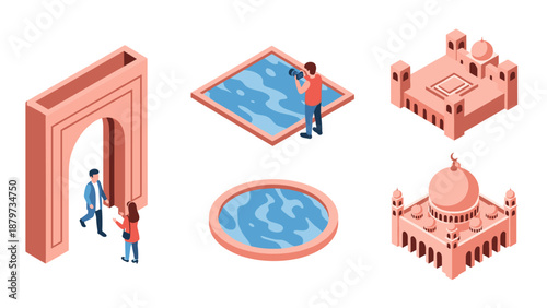 Isometric architectural landmarks and travelers exploring unique destinations
