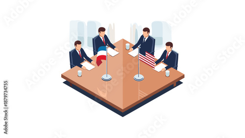 International business meeting with flags in modern isometric style
