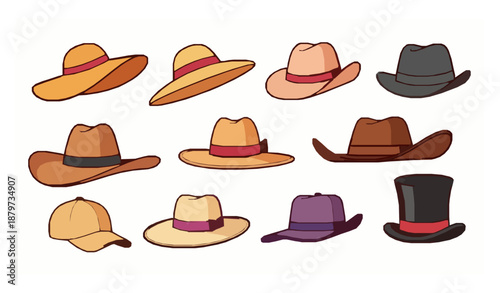 Playful cartoon summer hats vector illustration set with female and male fashion headwear