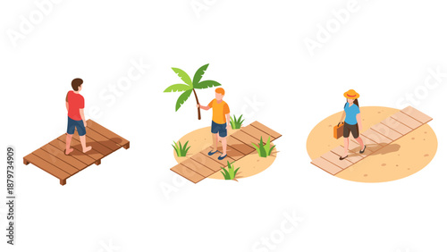 Isometric beach walk: relaxed summer stroll on wooden pathways