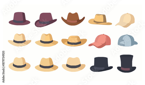 Cartoon hats vector set of female and male summer headwear accessories isolated on white background