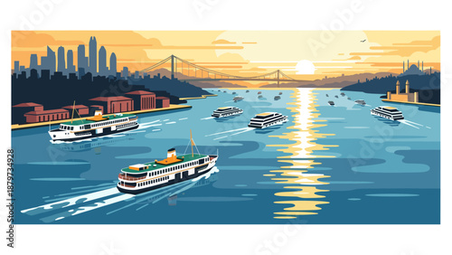 Vibrant cityscape with boats on a busy waterway at sunset