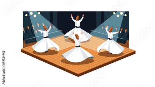 Mesmerizing whirling dervishes dance performance on stage with audience
