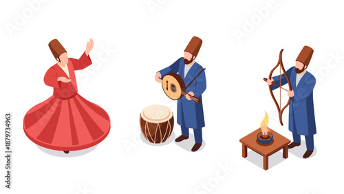Isometric whirling dervish trio: dance, music, and archery scene