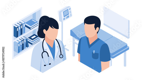 Isometric healthcare professionals and medical equipment in a modern office setting
