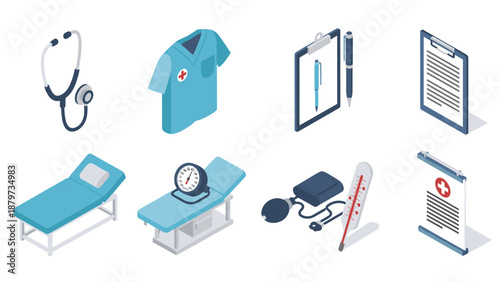 Isometric medical equipment set featuring stethoscope, bed, uniform, thermometer, and clipboard