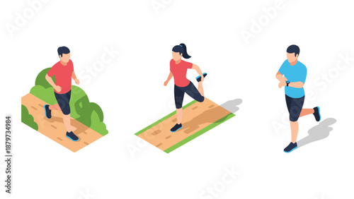 Isometric people exercising: outdoor running and stretching