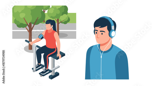 Outdoor fitness and listening: woman exercising in park and man wearing headphones
