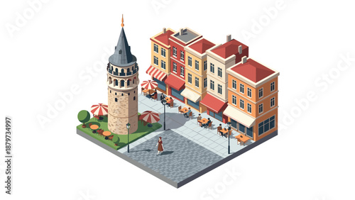 Charming street cafe scene in isometric style featuring iconic tower and colorful buildings