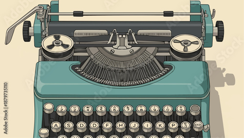 A detailed illustration showcases a vintage turquoise typewriter complete with keys rollers and a classic design aesthetic