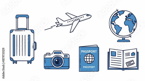 Travel essentials including luggage airplane globe camera passport and guidebook for adventure high quality professional detailed modern