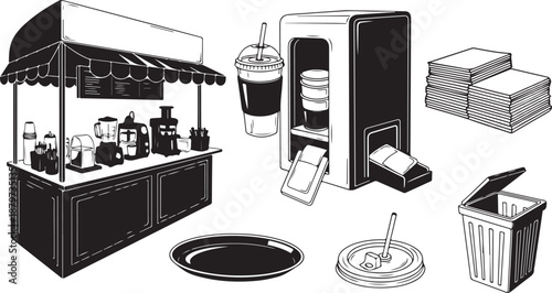 Food Cart and Supplies Illustration in Black and White