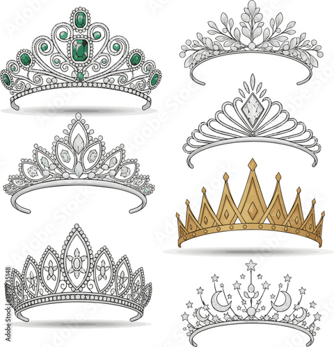 Create a kinds of deferent Tiara vector art with white background..