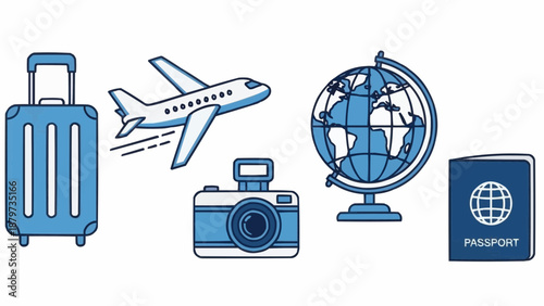A colorful illustration showcasing travel essentials like a suitcase plane globe camera and passport high quality professional