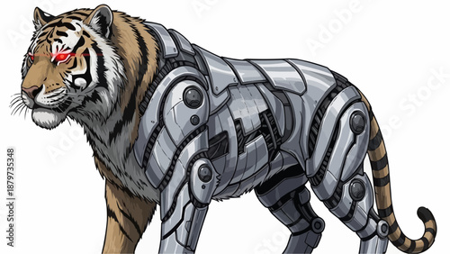 A striking depiction of a robotic tiger with a partially mechanical body and glowing red eyes showcasing futuristic design
