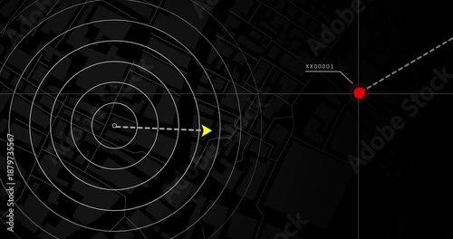 Air defense radar screen. Animation of military radar system detects danger and eliminates it. Shooting down enemy missile, plane or drone.