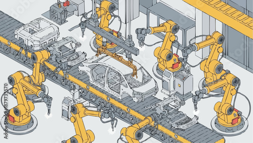 Automated car manufacturing line with robotic arms performing welding and assembly tasks on vehicle chassis high quality