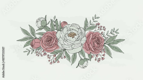 Delicate floral arrangement featuring roses peonies and lush green leaves a botanical sketch on a neutral background