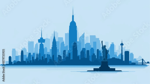 A stylized blue silhouette of the new york city skyline featuring iconic landmarks and a puzzle background