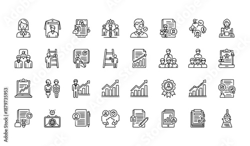 Professional growth and upskilling outline icons set for training and career coaching