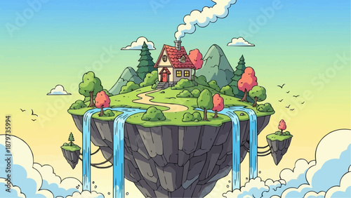 A charming pixel art depiction of a quaint house situated on a floating island with waterfalls